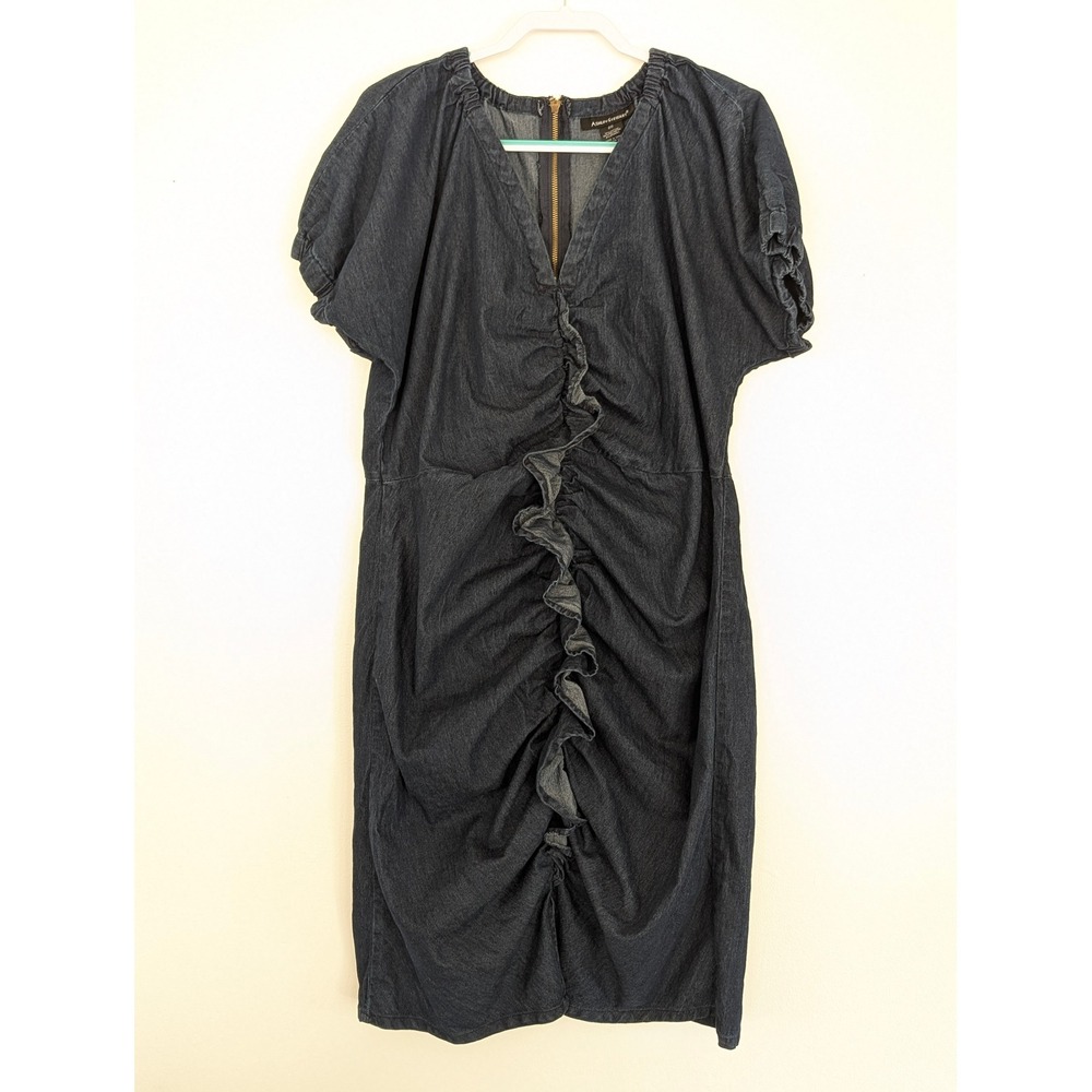 Ashley Stewart Denim Dress Women 20 Blue Ruched Ruffle Stretch‎
